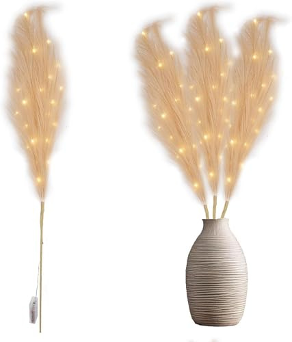 100cm Prelit Champagne Pampas Grass Stem, Warm White LEDs Battery-Operated Christmas Artificial Flowers for Boho Wedding Bedroom Living Room Decorations