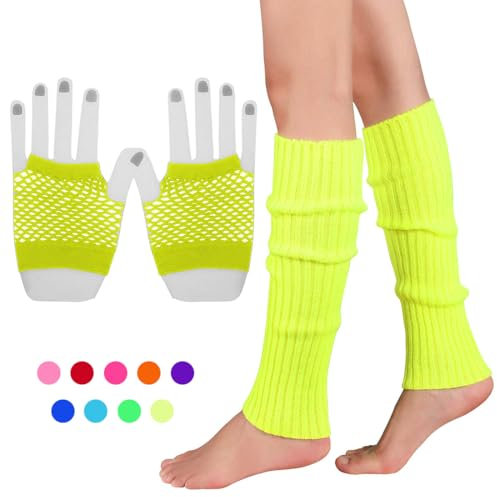 INGJIA Fischnetz Handschuhe,Elastische Neon Beinstulpen und Netzhandschuhe Set 80er Jahre Kostüm Zubehör(Gelb)