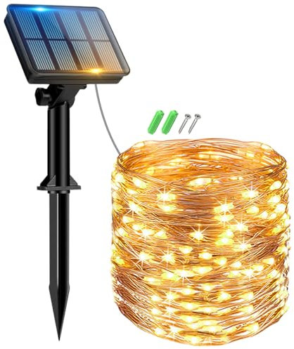 Peasur 12M 120LED Luci Solari Esterno, 8 Modalità Catena Luminosa Esterno Solare, Impermeabile Lucine Esterno Energia Solare Filo di Rame Luce Decorative Per Giardino Albero Natale, Bianco Caldo