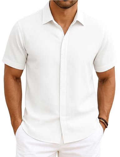 Enlision Men's Shirt Short Sleeve Casual Button Up Summer Beach Shirts Regular Fit White M