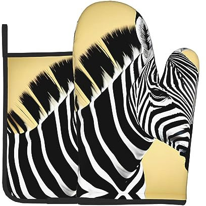 WZYWHJ Black and White Zebra Printing Oven Mitts and Pot Holders Set for Cooking, Microwave, Grilling - with Lanyard Design