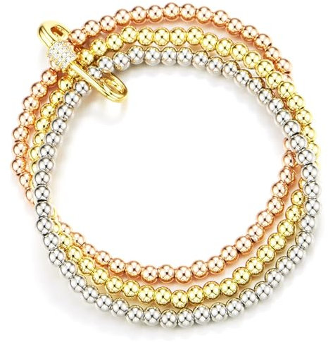 COOLSTEELANDBEYOND Femme Trois Ton Perle Bracelet Or Argent Or Rose - Trois Brins avec Zircone Cubique Fermoir en T Toggle