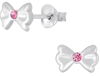 Monkimau Mädchen Ohrringe Bow - Rose | Ohrstecker aus 925 Sterling Silber | Kinderohrringe hypoallergen