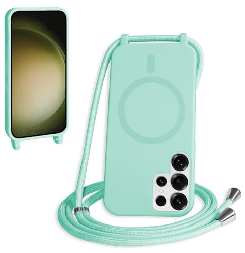 FMPCUON Magnétique Coque avec Cordon pour Samsung Galaxy S23 Ultra, [Compatible avec MagSafe] Etui Collier Réglable Téléphone Étui Portable Lanyard Case Protection Complète Cover,Vert Clair