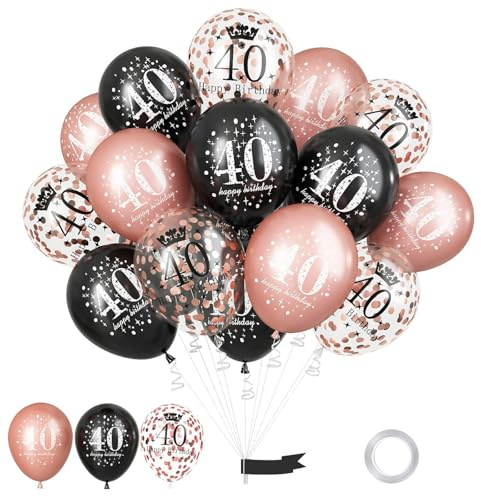 GoldRock Set di palloncini per 40° compleanno, 15 pezzi, nero e oro rosa con palloncini con coriandoli (nero rosa, 40° compleanno)