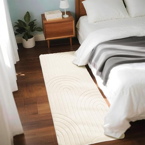 Puremy Teppich Flur Läufer Flauschiger Kurzflor 3D Effekt, 80x150cm, Beige | Teppich für Schlafzimmer Kinderzimmer mit Hoch-Tief-Effekt, hohe Flordichte und angenehm weich, Moderner Bogenförmiges Design
