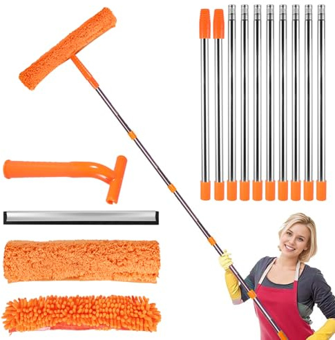 Window Cleaning Kit Extra Long 2 in 1 Cleaner Equipment, Professional Window Squeegee Glass Cleaning Tool with Spare Microfiber Cloth Squeegee Strips (Orange)