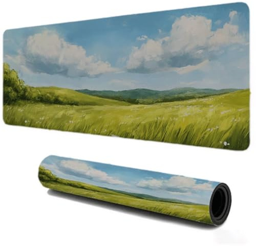Gaming Mauspad XXL 900x500, Tischunterlage Mousepad Wolken Gras, Wasserdicht und Rutschfester Gummi Mausmatte, für PC Büro Arbeit Studium Laptop Computer, Verbessert Präzision und Geschwindigkeit S5