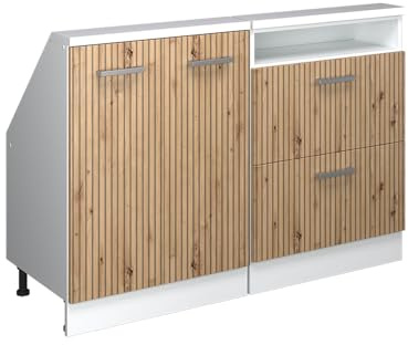 Vicco Küchenschrank für Dachschrägen R-Line, Artisan-Eiche, 120 cm | 2 Module · Tiefe 46 cm · Höhenverst. Füße · 2 Schubladen · 2 Türen