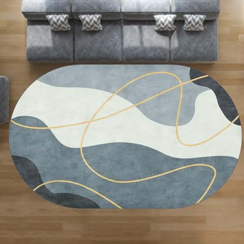 Moderner geometrischer ovaler Teppich, Gelb gestreiftes Design, Kurzflor-Teppich für Wohnzimmer, Büro, Schlafzimmer, 120 x 170 cm, stilvolle Heimdekoration