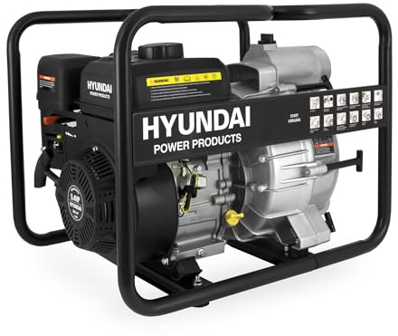 HYUNDAI Benzin Schmutz-Wasserpumpe GWP57648 – 5.4 PS, 4-Takt Motorpumpe, 45.000 l/h Förderleistung, 25 m Förderhöhe, mobile Gartenpumpe für Entwässerung & Bewässerung