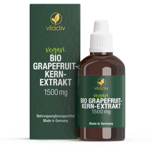 Vitactiv Bio Grapefruitkernextrakt 1500mg Hochdosiert - 100ml Tropfen mit 73mg Vitamin C - Vegan, Laborgeprüft, DE-ÖKO-005 - Made in Germany - 45 Tage Vorrat | Vegan, Aus Deutschland. 73 mg pro Tag. Vitamin C: Zellschutz. Magnesium: weniger Müdigkeit