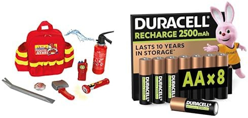 Theo Klein Fire Fighter Henry Rucksack, LED Taschenlampe, 3+ Jahre, & Duracell AA Akkus 8 Stück, 2500mAh