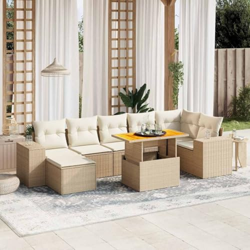 Owoxanthellate 8-TLG. Gartenmöbel Set Beige Poly Rattan, modularer Wohnlandschaft mit höhenverstellbarem Akazienholztisch, wetterfeste Balkonlounge für Garten Terrasse und kleine Balkone