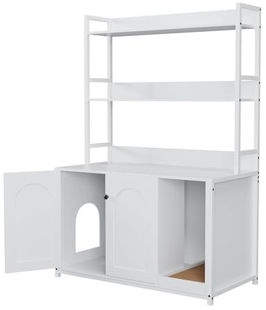Aptliton Cat Litter Box Enclosure with Storage Shelves, Hidden Cat Washroom Furniture with Double Doors, Large Wooden Pet House Indoor Cat Condo TV Stand(White