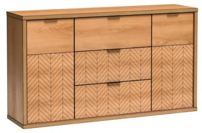Masseno Kommode CARINI 158 cm Sideboard mit 3 Schubladen und 2 Türen für Wohnzimmer Schlafzimmer Modern 158x40,6x90 cm Eichefarben
