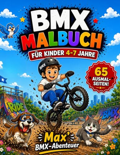 BMX Malbuch für Kinder 4–7 Jahre: Max’ BMX-Abenteuer – 65 Ausmalbilder mit Rätseln & coolen BMX-Tricks: Actionreiches Ausmalbuch mit Mitmach-Seiten, ... Aufgaben – ideales Geschenk ab 4 Jahren