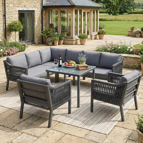 Xwiny Gartenmöbel-Set für 8 Personen, Lounge Möbel Outdoor mit Verzinktes Eisen und Seil, 6-teiliges, 3 Doppelsofa, 2 Einzelsofa, 1 Tische, Balkonmöbel Set, Grau-B(Alle Kissen Inklusive)