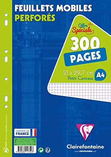 Clairefontaine 11752C - Packung mit 150 Blatt Ringbucheinlagen DIN A4 21x29,7cm, 90g gelocht, kariert 5/5, eingeschweißt, Weiß, 1 Pack