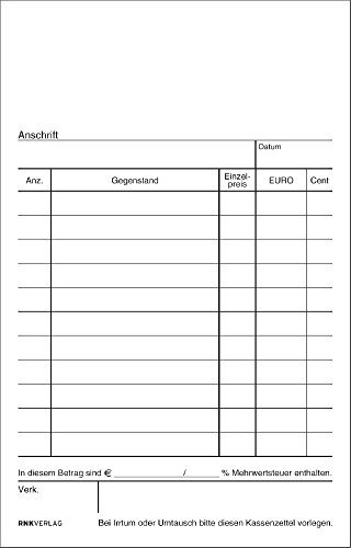 Kassenblock - oben geheftet, 2 x 50 Blatt, Maße (BxH): 96 x 167 mm, ohne Nummerierung(Liefermenge=10)