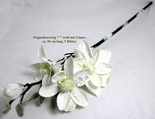 formano 1 Magnolienzweig Weiss 88cm mit goßen Blüten + Knospen und Schneedekor veredelt