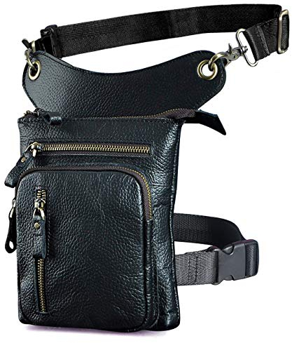 Le'aokuu Herren Echtes Leder Tasche Hüfttasche Beinbeutel Beintasche Drop Leg Thigh Bag Radfahren Klettern Messenger Bag (211-11 1 Schwarz)