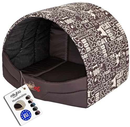 millybo Hundehütte Hundehöhle Hundebett Hundehaus S-XL (R3 (55 x 43 cm), braun mit Muster (Print))