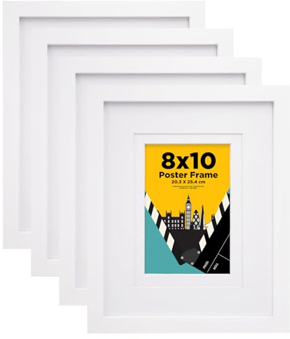 EGOFINE 10x8 Photo Frames Set of 4, Solid Wood Frames with Acrylic Glass,Matted for 6x4/7x5 inch,10x8 Picture Frames for Tabletop and Wall Mounting,20x25cm Poster frames for Printing, White