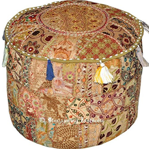 Sitzhocker / Hocker / Hocker im Vintage-Stil, bestickt, indischer Stil, rund, Ottomane, Hocker, Pouf-Kissen, Ethno-Stil, indische Baumwolle, Ethnische Dekoration, 35.6 x 55.9 cm. (Beige)