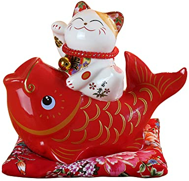Maneki Neko Glückskatze Glücksbringer Spardose aus Porzellan Katze und Fisch,Rot