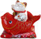 Maneki Neko Glückskatze Glücksbringer Spardose aus Porzellan Katze und Fisch,Rot