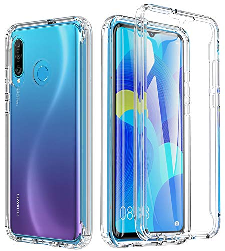 Für Huawei P30 Lite Hülle, Handyhülle für Huawei P30 Lite, Stoßfest Case 360 Grad Rundumschutz Schutzhülle Liquid Silikon Hülle mit Eingebautem Displayschutz Robuste Bumper Outdoor Cover (Transparent)