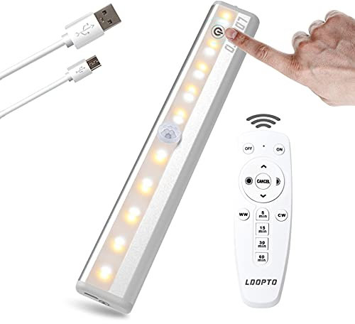 LDOPTO Under Cabinet Kitchen Lights with Remote Control 1 Pack, USB Rechargeable Wireless LED Cupboard Lights Battery Operated Wall Lights for Wardrobe Kitchen Shelves Hallway Stairs, 3 Colors
