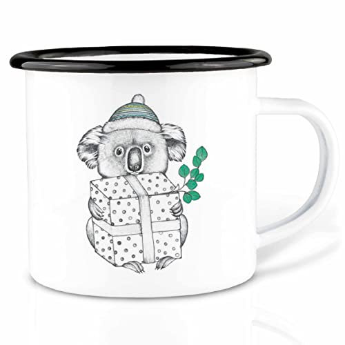 Ligarti Emaille Tasse (leicht & robust) | Camping Becher handveredelt in Deutschland | Trinkbecher für Kinder, Kaffeetasse, Emaillebecher | Koala, Weihnachten, Geschenk