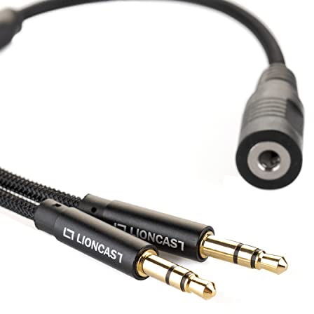 Lioncast Headset Mikrofon Y-Adapter, 20cm 3.5mm Klinke Kabel, Schwarz, für PC, Indoor, Adapter, Kabel
