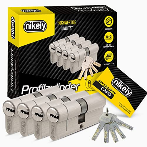GERCAR Pro+ Lot de 4 cylindres profilés à fermeture identique 35/35, cylindres de serrure, fonction d'urgence et danger, protection anti-perçage, 10 clés avec carte de code, 70 mm, A :35, B :35