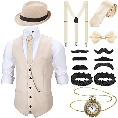 SATINIOR 1920s Mens Costume 20s Accessories Outfit with Gangster Vest Fedora Hat Vintage Pocket Watch Suspenders