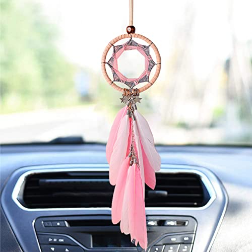 Barrageon Anhänger mit Feder, Traumfänger, handgefertigt, Gitter hinten, Rückspiegel, Dekoration, Haus, zum Aufhängen, kreativ, für Wand, Ornament, Geschenk (Rosa)