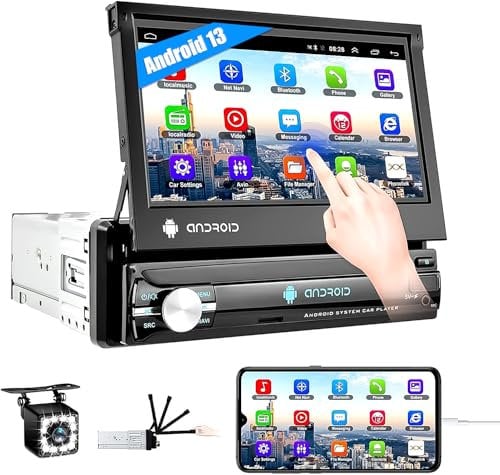 CAMECHO Android 13 Single Din Bluetooth Car Stereo with Backup Camera,7 Inch Flip Out Touch Screen Sat Support GPS/Mirror Link/WiFi/AUX Input/FM RDS Radio+ Backup Camera