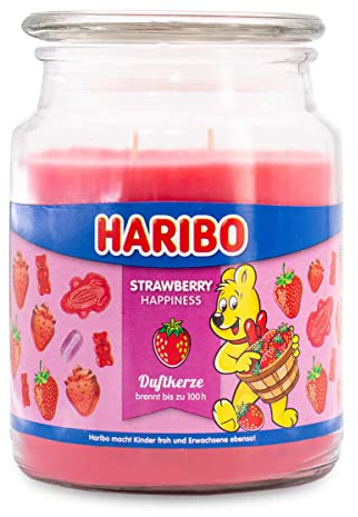 Haribo Duftkerze im Glas mit Deckel | Strawberry Happiness | Duftkerze Fruchtig | Kerzen lange Brenndauer (100h) | Kerzen Rosa | Duftkerze Groß (510g)