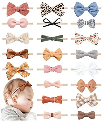 Jesries 21 PCS Baby Headbands and Bows Hairbands Soft Nylon Elastics Handmade Girls Hair Accessories for Newborn Babies Infant Toddlers Kids
