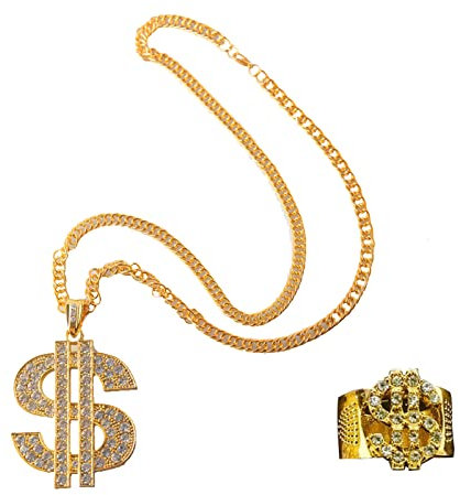 CHENGYOUOUM 2 Pcs Dollar Sign Necklace Rings Set,80s 90s Hip Hop Necklace Rapper Chain Punk Symbol Ring for Men Women Cosplay Carnival Party