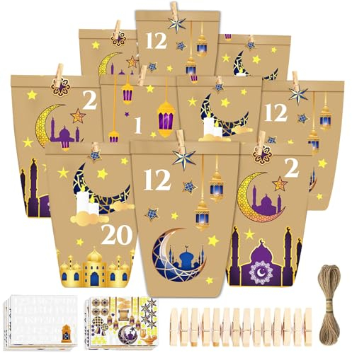 Ramadan Kalender zum Befüllen, 30 Stück Ramadan Tüten mit Holzklammern Hanfseil und Aufklebern, Eid Mubarak Geschenktüten Papiertüten, Eid Mubarak Tüten, Ramazan Adventsalender Tüten für Ramadan Deko
