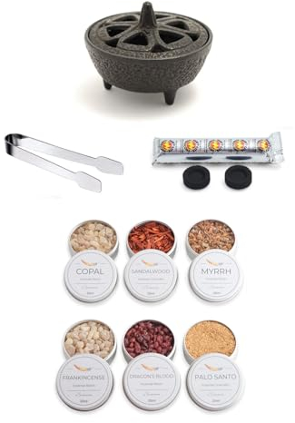 Kit bruciatore di incenso in ghisa + collezione mista di 6 barattoli di incenso fresco da 30 ml + pinze in acciaio inox e carbone