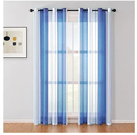 Banemi Voile Gardinen, Vorhang mit Ösen Vintage 2er Set Polyester Transparenter Streifen Dekorative Vorhänge für Wohnzimmer 107x138cm Himmelblau
