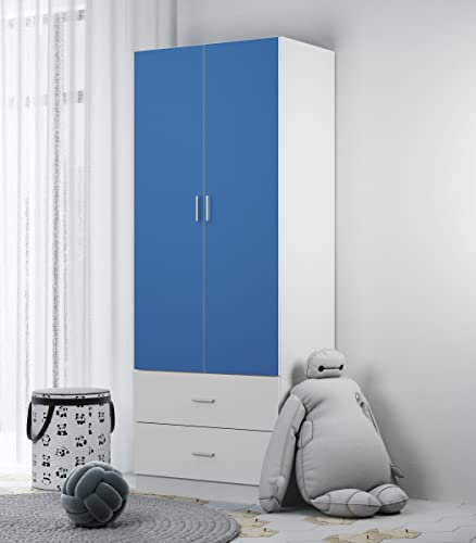 URBNLIVING Modern Kids Large Bedroom Double Wardrobe 2 Doors and 2 Drawers Closet Cupboard Storage Unit (Blue Carcass + White Drawers)