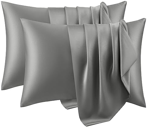 WOLTU 2er Set Satin Kissenbezug 50 x 70 cm, Premiun Kopfkissenbezug weiche ähnlich wie Seidenkissenbezug, Kissenhülle Haar- und Hautpflege Seidig mit Reißverschluss, Dunkelgrau