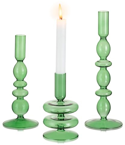 Glasseam Bougeoir En Verre Lot De 3, Bougeoirs Verts Pour Bougies, Bougeoirs éLéGants Pour Centres De Table, Bougeoir Pour Bougies En Forme De CôNe Pour Les DéCorations De NoëL, De Mariage Et De DîNer