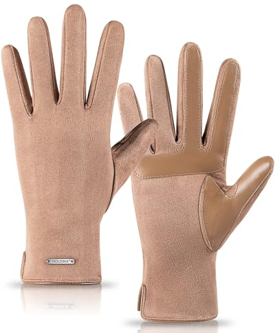 HOLDINA Handschuhe Damen Winter Warm, Handschuhe Damen Touchscreen mit Rutschfestem Leder, Geschenke für Damen Handschuhe mit Fleece Gefüttert (Khaki-M)