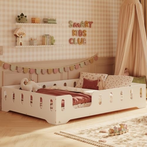 smartwood Bodenbett 120x200 cm mit Rausfallschutz, Holz, Weiß, TILA 2L | Montessori Kinderbett, Lattenrost belastbar bis 300 kg, FSC-Zertifikat, abgerundete Kanten, Einfache Montage, ab 3 Jahren